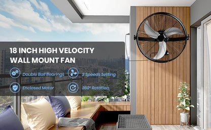 Simple Deluxe 18 Inch High Velocity Wall Mount Fan with Rack, 3 Speed Industrial/Commercial Metal Ventilation Fan, Black - size: 18 Inch, style: 1 Pack