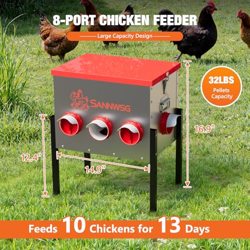 Sannwsg Chicken Feeders,68 lb Capacity 8 Port Automatic Chicken Feeder, Metal Chick Feeder with Locking Lid and Legs, Chicken Feeder for Chickens, Ducks, Geese - size: 8 Ports (3+3+2)