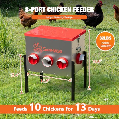 Sannwsg Chicken Feeders,68 lb Capacity 8 Port Automatic Chicken Feeder, Metal Chick Feeder with Locking Lid and Legs, Chicken Feeder for Chickens, Ducks, Geese - size: 8 Ports (3+3+2)