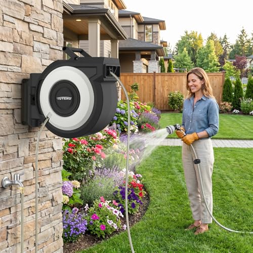 Tuyeho Retractable Garden Hose Reel 100FT, Wall Mount Heavy Duty Water Hose Reels with Automatic Slow Rewind System, Outdoor Hoses Reel with 2 Hose Nozzles for Garden Watering, Car Wash, Pet Shower - size: 1/2" 100FT