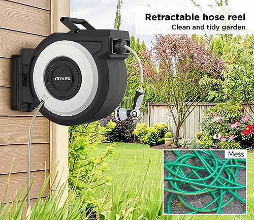 Tuyeho 5/8" Heavy-Duty Auto Retractable Garden Hose Reel 90FT Wall Mount | Automatic Rewind, Any Length Lock, 2 Nozzle, Rustproof, Easy Install, Garden Watering, Car Wash, Pet Shower, Lifetime Service - size: 5/8" 90FT