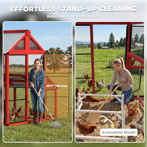 PawHut 187.3" Large Chicken Coop, Walk-in Wooden Hen House, Outdoor Poultry Cage w/Shovel, Run, Waterproof Roof, Nesting Box, Perches, Chicken House for 10-15 Hens, Rabbits, Ducks, for Farm Backyard