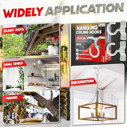 [UPGRADED] 2Pcs 200LBS Rotatable Ceiling Hooks with 4 Screw Points Base, Wall Mount Metal Hanger White Ceiling Hook for Hanging Plant, Bird Feeder, Lights, Bed Canopy, Wind Chime, Indoor Outdoor Decor - style: 2PCS