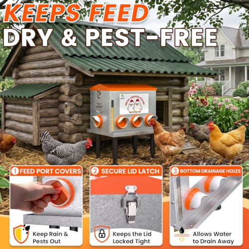 10-Gal 55LB Metal Chicken Feeder with Window, Dual No-Waste Design, Automatic Large Chicken Feeder for Outdoor Coops, Rust-Proof Alloy Steel Poultry Feeder with Adjustable Legs