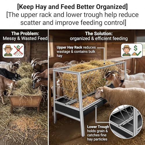 77 Gallon Heavy Duty Hay Feeder, Stainless Steel Anti-Waste Rubber Trough Feeder, Durable Livestock Feeding Equipment for Goats, Sheep, Calves, Horses Farm & Ranch Use