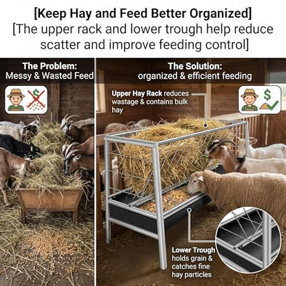 77 Gallon Heavy Duty Hay Feeder, Stainless Steel Anti-Waste Rubber Trough Feeder, Durable Livestock Feeding Equipment for Goats, Sheep, Calves, Horses Farm & Ranch Use
