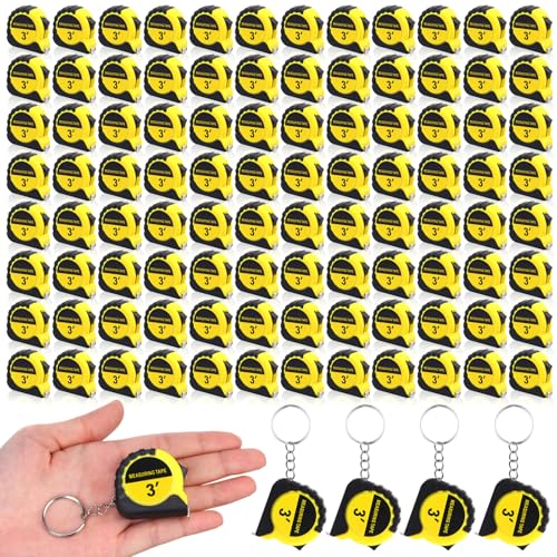 Kanayu 100 Pcs Mini Tape Measure Keychains 3 ft Small Retractable Measuring Tape Bulk with Lock Steel Easy Read Pocket for Birthday Party Favors Daily Use (Yellow) - color: Yellow, size: 3 ft