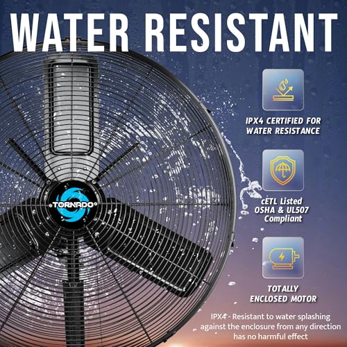 Tornado 24 Inch High-Velocity Oscillating Wall Mount Fan – IPX4 Water-Resistant, Industrial-Grade TEAO Motor, 2-Speed, 7350 CFM, cETL Certified for Outdoor Use - size: 24 inch, style: Industrial