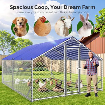 Sino Luban Metal Large Chicken Coop Run for Yard with Waterproof Cover, Chicken Runs for 20 Chickens/Ducks, Chicken Pen Chicken Enclosure Outdoor, Walk-in Poultry Cage (Upgrade Support Brace) - size: 11.8x8.9 FT