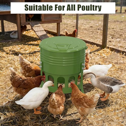Metal Chicken Feeder No Waste, 20 Lbs Large Automatic Chicken Feeder with 12 Ports, Adjustable Height Poultry Feeder with Lid & Handle, Rat Proof Rust Proof Feed Box for Poultry & Backyard Chickens