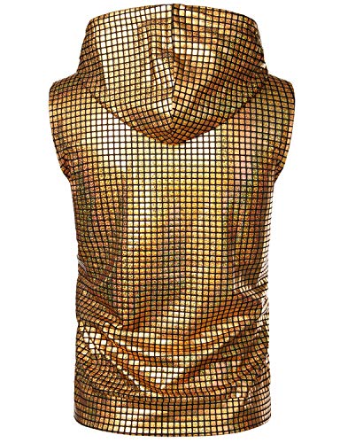 ZEROYAA Mens Shiny Metallic Zip Up Sleeveless Hooded Vest T Shirt with Kangaroo Pocket - color: Gold Sequin, size: Large