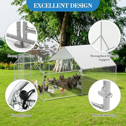 Large Metal Chicken Coop, Walk-in Poultry Cage, Chicken Run Pen House with Reinforcement & Waterproof & Anti-Ultraviolet Cover Chicken Coop Run with Double Lockable Doors for Outdoor 9.8 x13.1X 6.6ft
