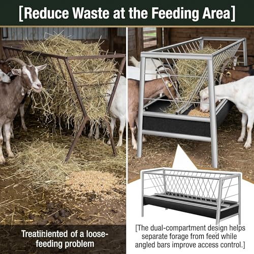 77 Gallon Pasture Feeder 2-in-1 Hay Grain System Stainless Steel Frame Rubber Trough Waste-Reducing Design for Goats Sheep Horses Lamb