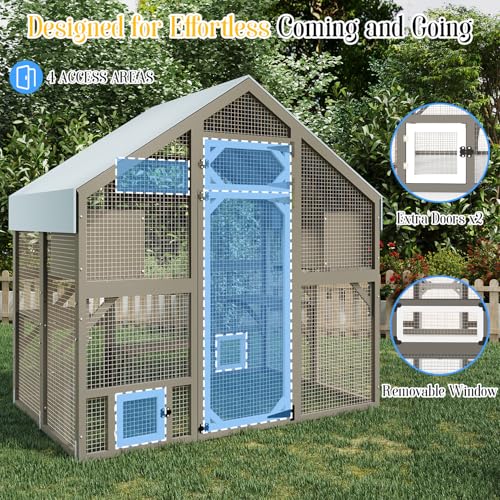 Ketive Cat Catio Outdoor Enclosure for Multiple Cats, Large Wooden Walk-in Cat House with Window Connection, 2 Condos, Platforms, Doors, and Weatherproof Roof Cover (69.5" L x 47" W x 71" H) - size: 69.5"L x 47.0"W x 71.0"H