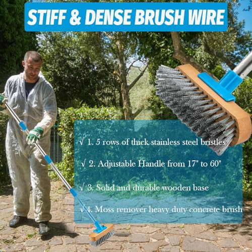 YONILL Stainless Steel Deck Scrub Brush with Long Handle - 60" Heavy Duty Floor Scrubber Brush with Pole, Moss Remover Wire Cleaning Brushes for Rough Surface, Concrete Floor, Patio, Garden, Garage - color: Blue