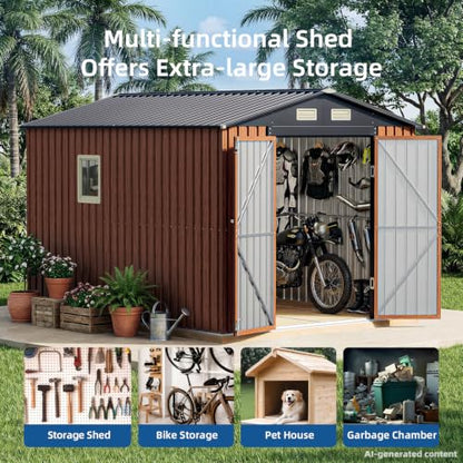 8x10 FT Outdoor Storage Shed, Metal Garden Shed with Floor Base & Updated Frame Structure, Lockable Door and Window, Large Tool Shed for Backyard, Patio, Lawn, Utility & Bike Storage - size: 8x10 FT with Base