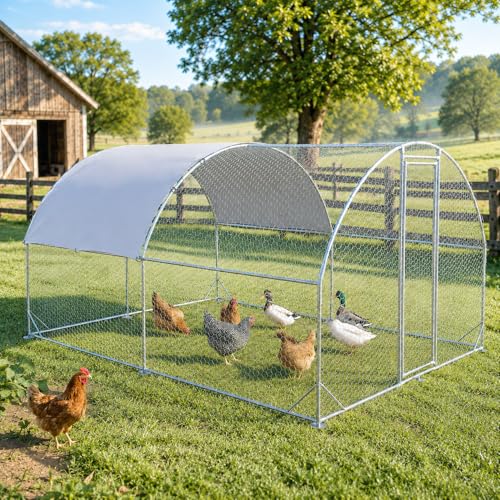EUNHOO Large Walk-in Chicken Run, Dome Roof Metal Chicken Coop with Waterproof UV Cover, Outdoor Poultry Enclosure for Yard, Backyard Farm Pen for Chickens, Ducks and Rabbits, 13'Lx9'Wx6.5'H - color: Dome Roof, size: 158.0"L x 118.0"W x 78.0"H