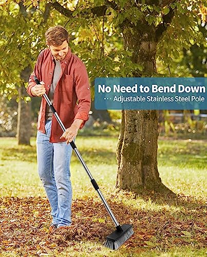LandHope Hard Bristle Deck Broom Adjustable Long Handle Scrub Brush Heavy Duty Concrete Push Broom Outdoor Brush Garage Broom Wood Large Floor Scrubber 28-52 inch Balcony -Multi Segment Handle