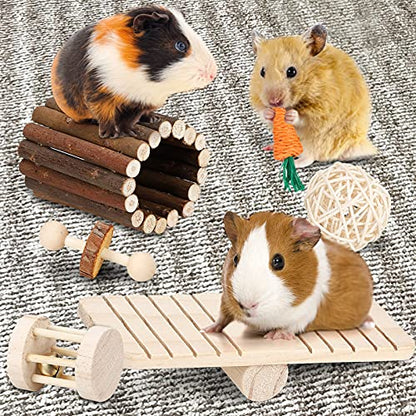 Hamster Chew Toys Set Small Animal Molar Toys Teeth Care Wooden Accessories for Guinea Pigs,Chinchillas,Gerbils,Mice,Rats,Mouse Rodents Toy Swing Seesaw Bridge (Wood)