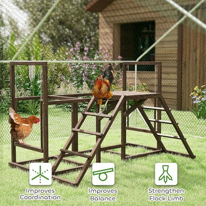 PawHut Chicken Coop Perches with Swing, Roosting Bars, Activity Play Set, Wooden Chicken Coop Accessory Toys for 4-6 Chickens, Coffee
