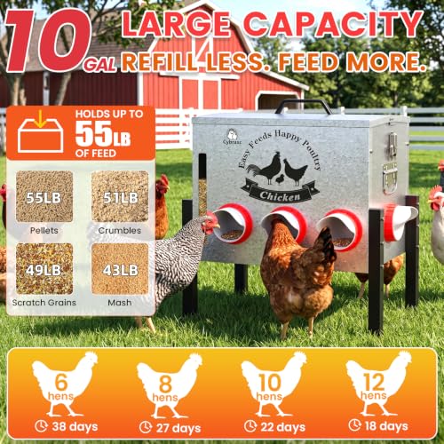 10gal 55LB Large Automatic Chicken Feeder with Window - 8 Port No Waste Design, Rust-Proof Alloy Steel with Locking Lid & Adjustable Legs, Waterproof Silo for Hens, Ducks, Geese, Poultry (silver) - size: 10GAL-55LB