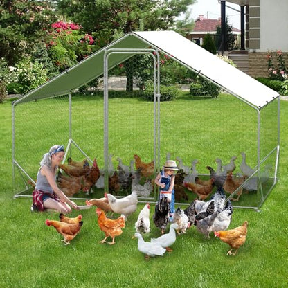 9.8' x 6.5' x 6.5' Chicken Coop Run, Galvanized Steel Chicken Pen with Anti-Ultraviolet Waterproof Cover, Spire-Roof Walk-in Poultry Cage, Metal Chicken Coop for Outdoor Farm Use - size: 9.8' W x 6.5' D x 6.5' H