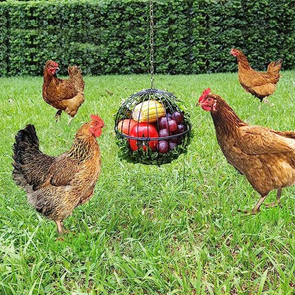 Hanging Chicken Feeder - 7.1 Inch Large Iron Chicken Veggie Treat Ball - Sturdy Chicken Treat Holder with 15.7 Inch Hanging Chain - Black - color: Black
