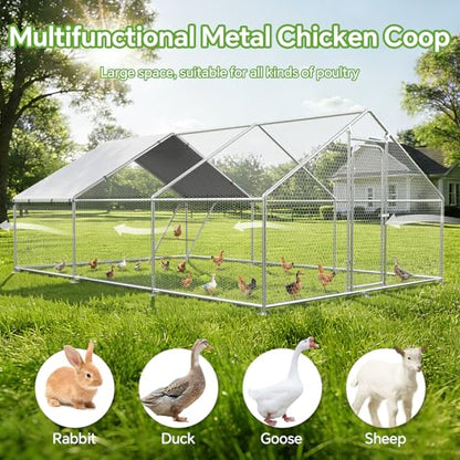 Large Metal Chicken Coop Run with Roosting Perch, Outdoor Waterproof and UV-Resistant Cover for Chickens, Ducks, Rabbits, and Hens in Yard or Farm Use Spire Roof (13.1'Wx19.7'Lx 6.5'H) - size: 236.0"L x 157.5"W x 78.0"H