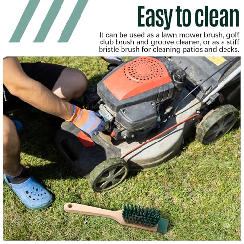 CroBlissful 2 Pcs Heavy Duty Scrubbing Brush Stiff Bristle Brush with Wood Handle and Scraper for Lawn Mower Deck Scraper Cleaning Outdoor Boot Scrub Brushes