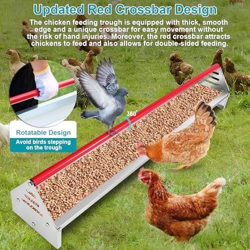 Chicken Feeding Trough, Heavy Duty Galvanized Steel Feeder with Drainage Holes & Crossbar, 45in Poultry Feeder Trough for Chicken, Duck, Geese, Turkey, Rabbit and Pigeon