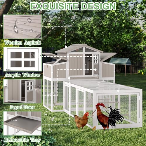 Gowoodhut 115.36"L 2-Story Chicken Coop with Extra Large Run Cage,Chicken House Hen House with 2 Large Nesting Boxes,Expandable Poultry Cage for 4-6 Hens with 6 Perching Bars,Pull-out Tray,Ramps(Grey) - size: PET85+Extra Run Cage-Grey