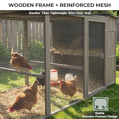 Gowoodhut Large Chicken Run with Nesting Boxes for 4-6 Chickens, Wooden-Framed Outdoor Chicken Coop with Reinforced Wire Mesh, Expandable Poultry Enclosure, Shade Cover & Perches, Grey - size: PET28-Grey