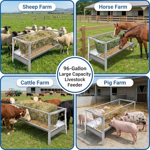 96 Gallon Goat Hay Feeder, 2 in 1 Hay Feeder for Goats, 5 Ft Long Feeding Tray for Livestock Feeder, Feeding Goats, Sheep and Ponies, for Farms, Sheep Sheds (Galvanizing)
