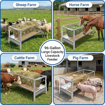 96 Gallon Goat Hay Feeder, 2 in 1 Hay Feeder for Goats, 5 Ft Long Feeding Tray for Livestock Feeder, Feeding Goats, Sheep and Ponies, for Farms, Sheep Sheds (Galvanizing)