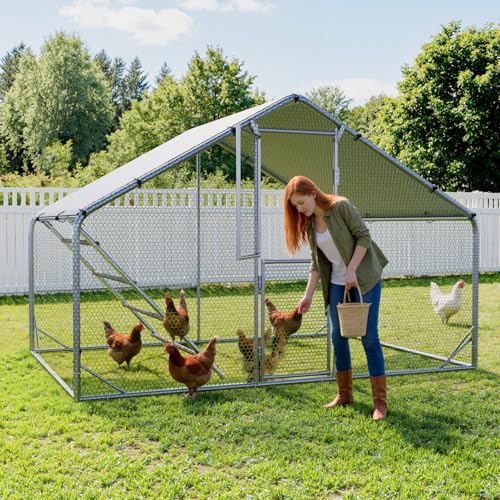 Sannwsg Large Metal Chicken Coop with Run, Walk in Chicken Pen with Waterproof Cover, Secure Lock, Heavy Duty Poultry Cage with Feeding Door for Outdoor Farm Use（6.5x10 FT - size: 118.0"L x 78.0"W x 79.0"H