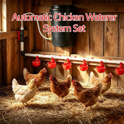 Complete Set Pipeline Automatic Chicken Waterer System(55 Accessories Included)Chicken Water Cups, Chicken Waters,Poultry Waterer,Chicken Watering System,with PVC Pipeline,Float Valve and Garden Hose