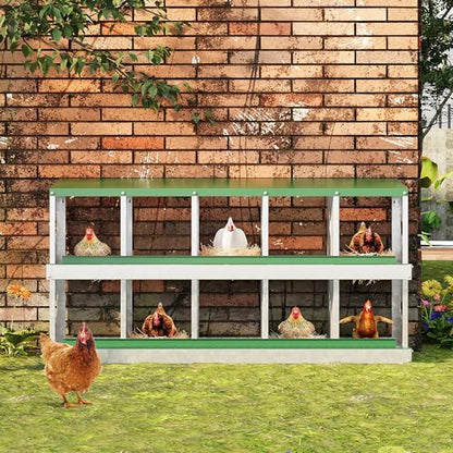 Chicken Nesting Box, 10 Compartment Metal Chicken Nesting Boxes for Chicken Coop, Large Vented Holes Chicken Laying Boxes with Rollout Egg Collection, Wall Mount Chickens Coops - color: Green, size: 10 Holes