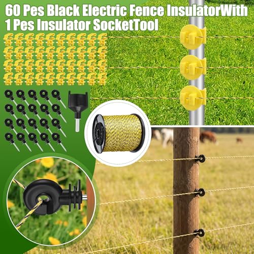 MorningRo Electric Wire Fence Kit, 10 Mile 110vac 0.5 J Plug in Fence Charger with 3366 ft Polywire, 40 T Post Insulators, 20 Screw in Insulators for Pasture Farm Horse Cattle Poultry Fencing - size: 3366FT, style: 0.5J