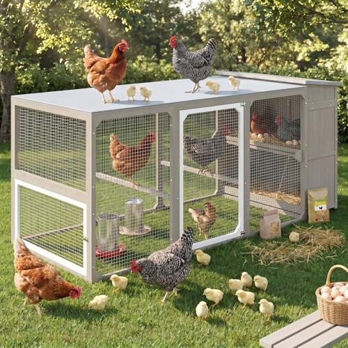 Gowoodhut Large Chicken Run with Nesting Boxes for 4-6 Chickens, Wooden-Framed Outdoor Chicken Coop with Reinforced Wire Mesh, Expandable Poultry Enclosure, Shade Cover & Perches, Grey - size: PET28-Grey
