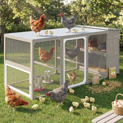 Gowoodhut Large Chicken Run with Nesting Boxes for 4-6 Chickens, Wooden-Framed Outdoor Chicken Coop with Reinforced Wire Mesh, Expandable Poultry Enclosure, Shade Cover & Perches, Grey - size: PET28-Grey