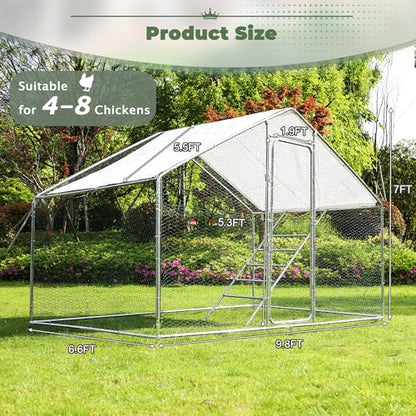 Metal Chicken Coop, 9.8 x 6.6 x6.6 Walk-in Chicken Run for 10 Chicken with Upgrade Roosting Perch, Water-Resident and Anti-UV Cover, Sturdy Spire Roof Chicken House for Outdoor Farm Use - color: Spire Roof