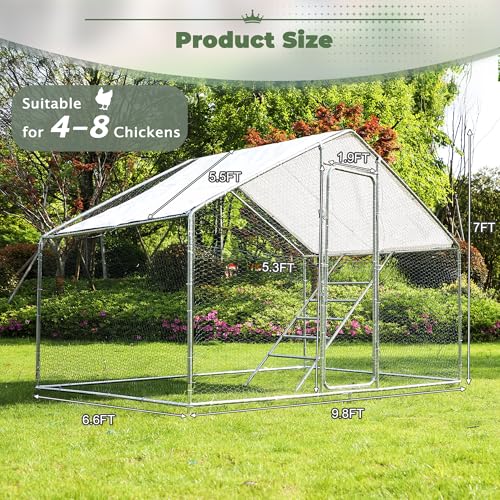 Metal Chicken Coop, 9.8 x 6.6 x6.6 Walk-in Chicken Run for 10 Chicken with Upgrade Roosting Perch, Water-Resident and Anti-UV Cover, Sturdy Spire Roof Chicken House for Outdoor Farm Use - color: Spire Roof