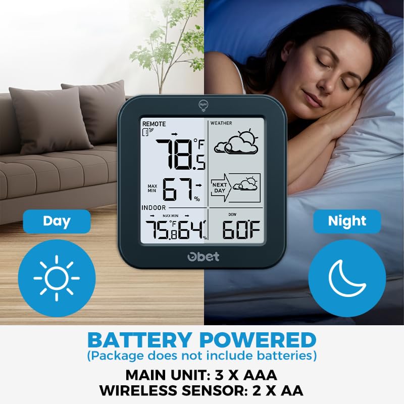 Weather Station Wireless Indoor Outdoor Thermometer, Digital Room Thermometer and Hygrometer with 500ft Range Remote Sensor, Backlight Display, Battery Operated - color: Black