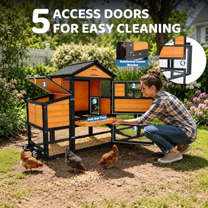 Chicken Coop with Wheels for 4-6 Chickens, Mobile Hen House with Run, Outdoor Chicken Coop, Ventilated Window, Easy-Clean Nesting Box, Weatherproof Asphalt Roof, 82.7” L x 25.6” W x 44.1” H, Brown - color: Brown