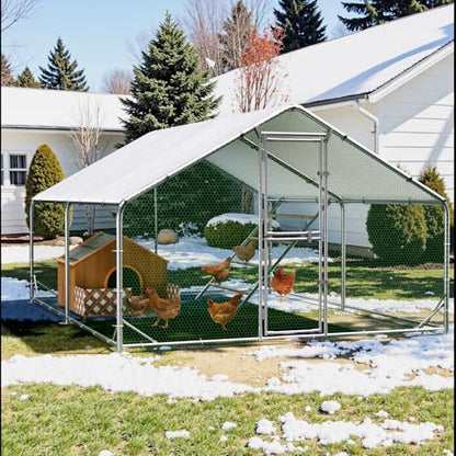 Large Metal Chicken Coop, 10x13x6.5ft Walk in Chicken Runs for Yard with Covers, Outdoor Chicken Pen with Roosting Perch and Split Door, Spire Roof Poultry Cage for Chicken, Duck