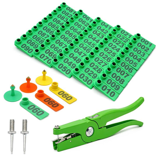 Cattle Ear Tags with Applicator Kit, 200 Sets Laser Numbered 001-100 (Yellow & Orange), Flexible Plastic & Aluminum Pliers, Includes 2 Needles for Goats, Sheep, Pigs and Calf Identification