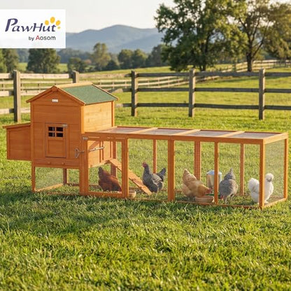 PawHut 118" Extra Large Chicken Coop with Asphalt Roof, Wooden Hen Run with Slide-Out Tray and Nesting Box, Chicken Hutch for 3-6 Chickens, Orange - color: Orange