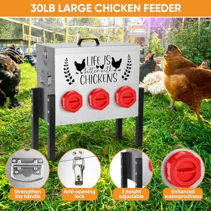 TGEYD 30 lb Chicken Feeder with 6 No-Waste Ports – Heavy-Duty Outdoor Metal Feeder with Adjustable Height, Locking Lid & Riveted Handles – Rustproof Feed Box for Poultry & Backyard Chickens - color: Rose-bengal