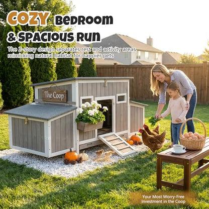 Wooden Chicken Coop, Outdoor Poultry House with Weatherproof Asphalt Roofs, Removable Tray & 2 Nesting Boxes, Ramp Door, Ventilation Windows, Chicken House for 2-4 Chickens Backyard Garden