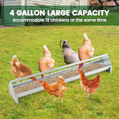 PETSITE 45 Inches Long Chicken Feeding Trough, Heavy Duty Galvanized Steel Chicken Feeder with Crossbar and Drainage Holes, Large Capacity Poultry Feeder Trough for Duck Geese Pigeon